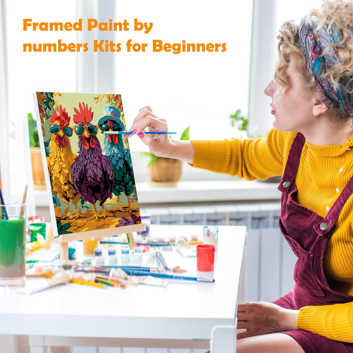 MOGTAA Chicken Paint by Numbers Kit for Adults Beginners with Frame, Animal Adult Paint by Number Kits on Canvas with Easel, Easy DIY Oil Painting Kits for Home Decor, 8x12in MOGTAA