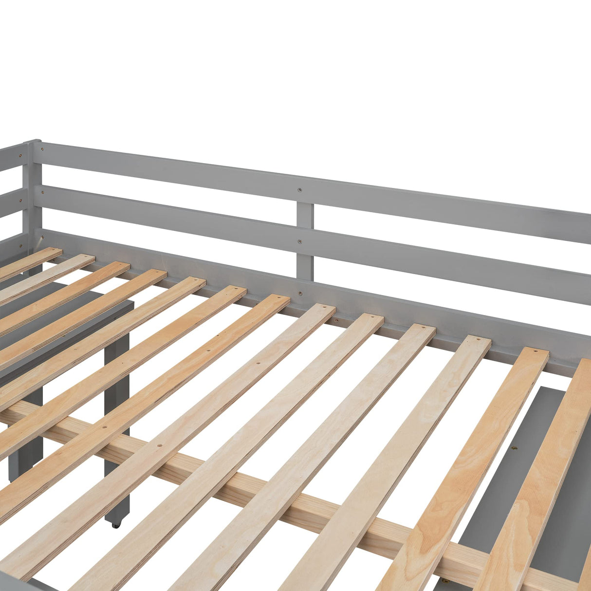 Ball & Cast Low Study Full Size Loft Bed with Cabinet and Rolling Portable Desk,Wood Bedframe w/Full-Length Guard Rail & Shelves,Chest of Drawers,Bedroom Furniture for Dorms,Gray Ball & Cast