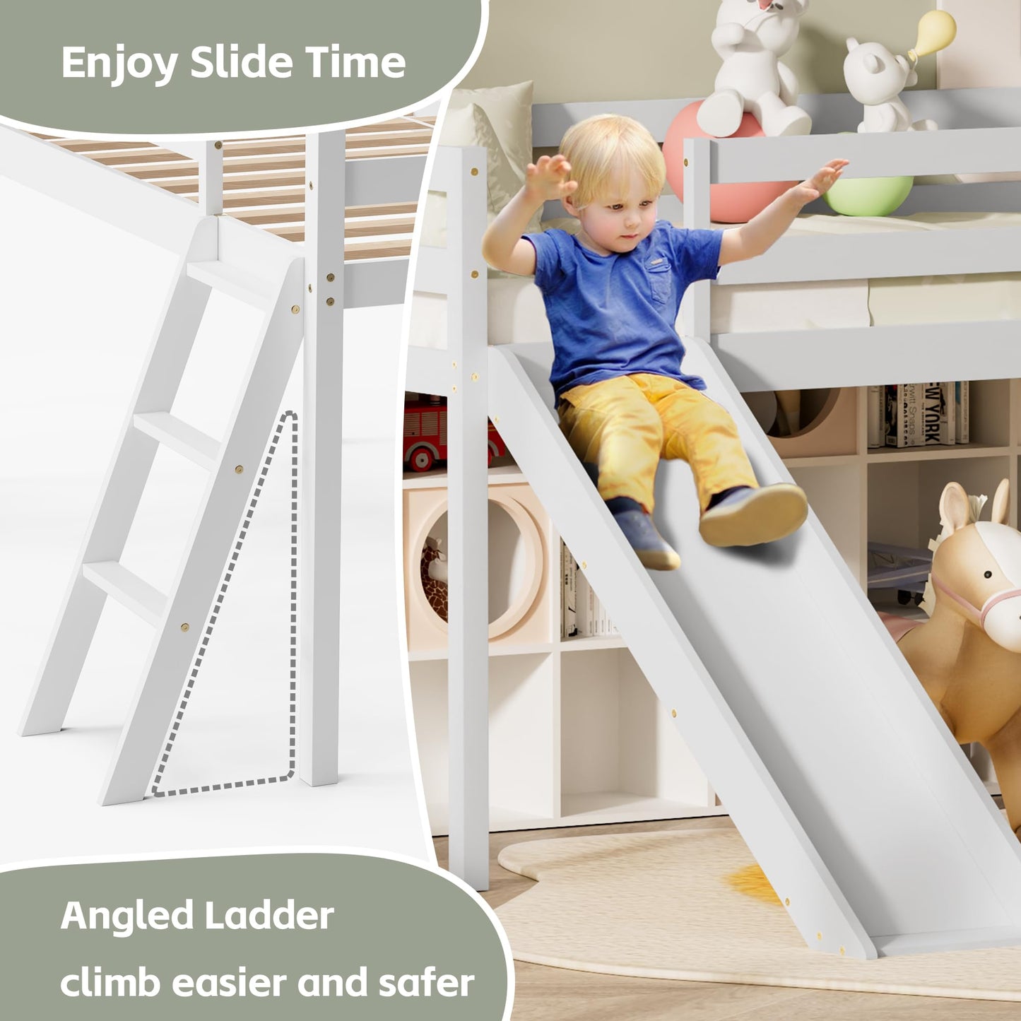 TOLEAD Low Loft Bed with Slide, Wood Twin Loft Bed Frame with Climbing Ladder & Storage Space for Kids Toddler (White)