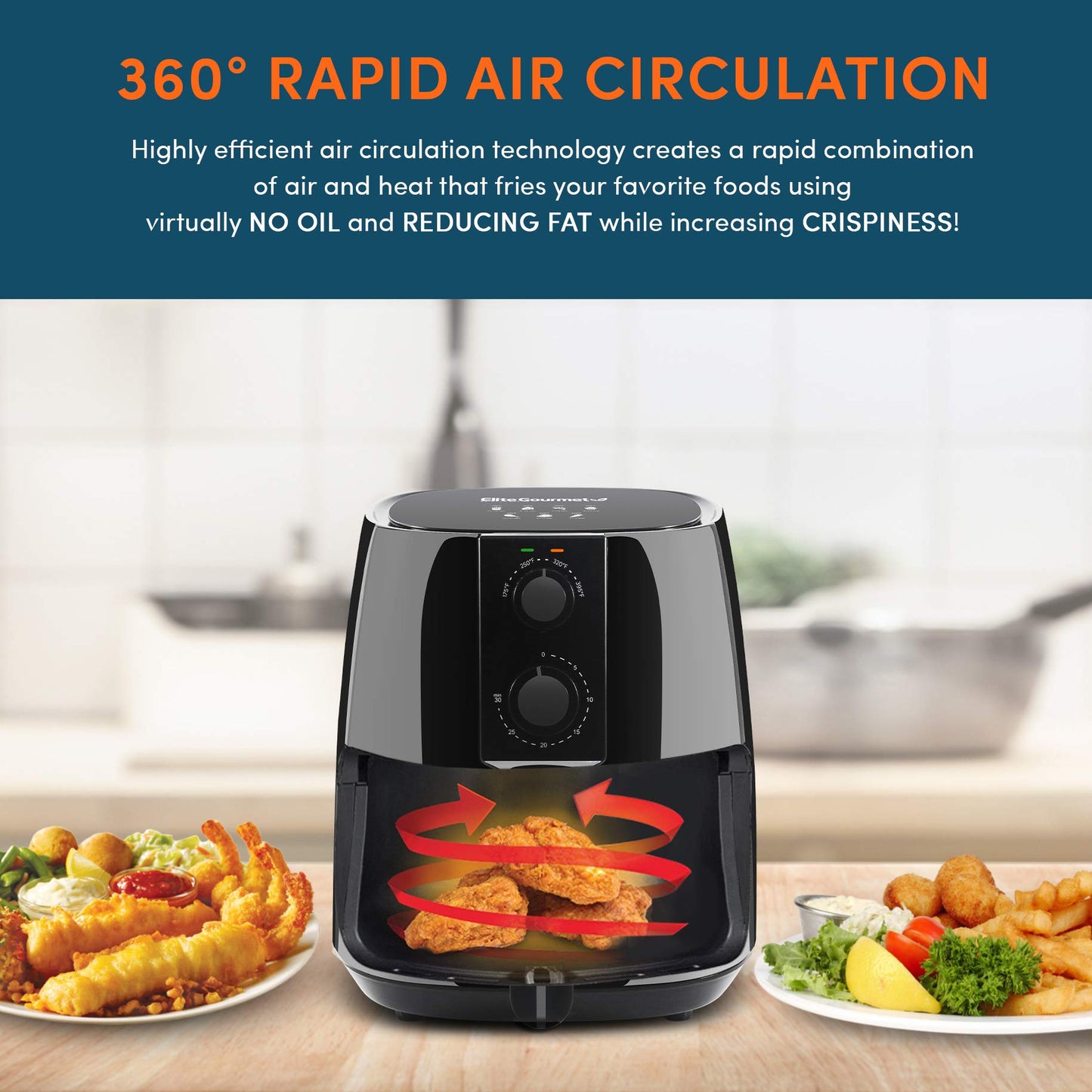 Elite Gourmet EAF4617 Electric Digital Hot Air Fryer, 1350Watts, Oil-Less Healthy Cooker, Timer & Temperature Controls, 4 Quart, Black