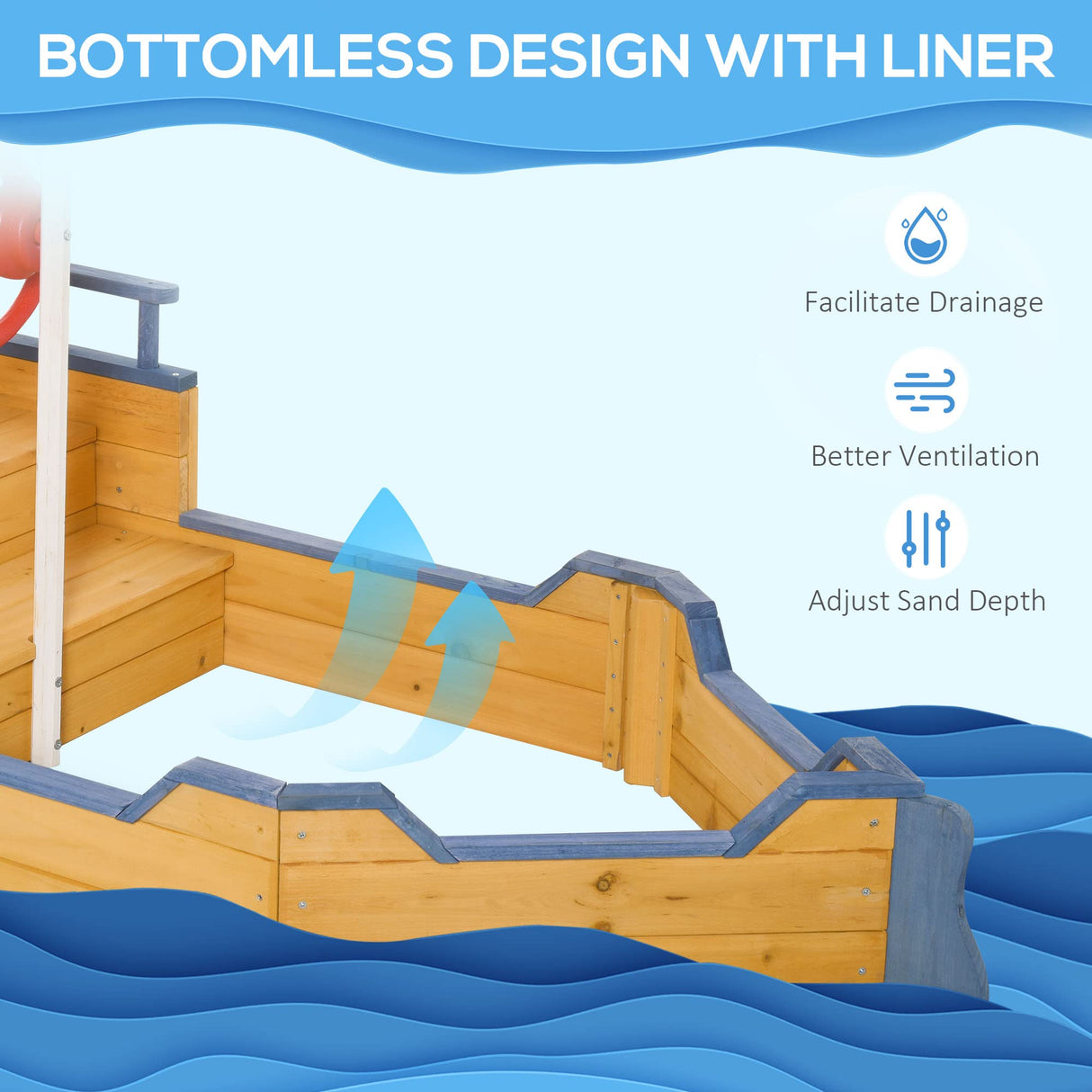 Outsunny Wooden Kids Pirate Sandbox, Outdoor Sandboat with Bench Seats, Storage, Non-Woven Fabric Cloth for Backyard, Lawn Outsunny