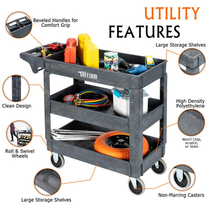 TUFFIOM Plastic Service Utility Cart with Wheels, 550lbs Capacity, Heavy Duty Tub W/Deep Shelves, Multipurpose Rolling 3-Tier Mobile Storage - WoodArtSupply