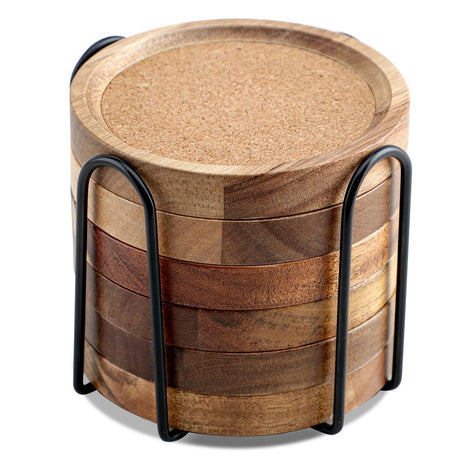 Wood Coasters for Drinks Absorbent with Holder, Acacia Wood Cork Coaster Rustic Coasters for Coffee Table Dining Table Wooden Table Coasters for Farmhouse Desk, Set of 6 WLWNWFT