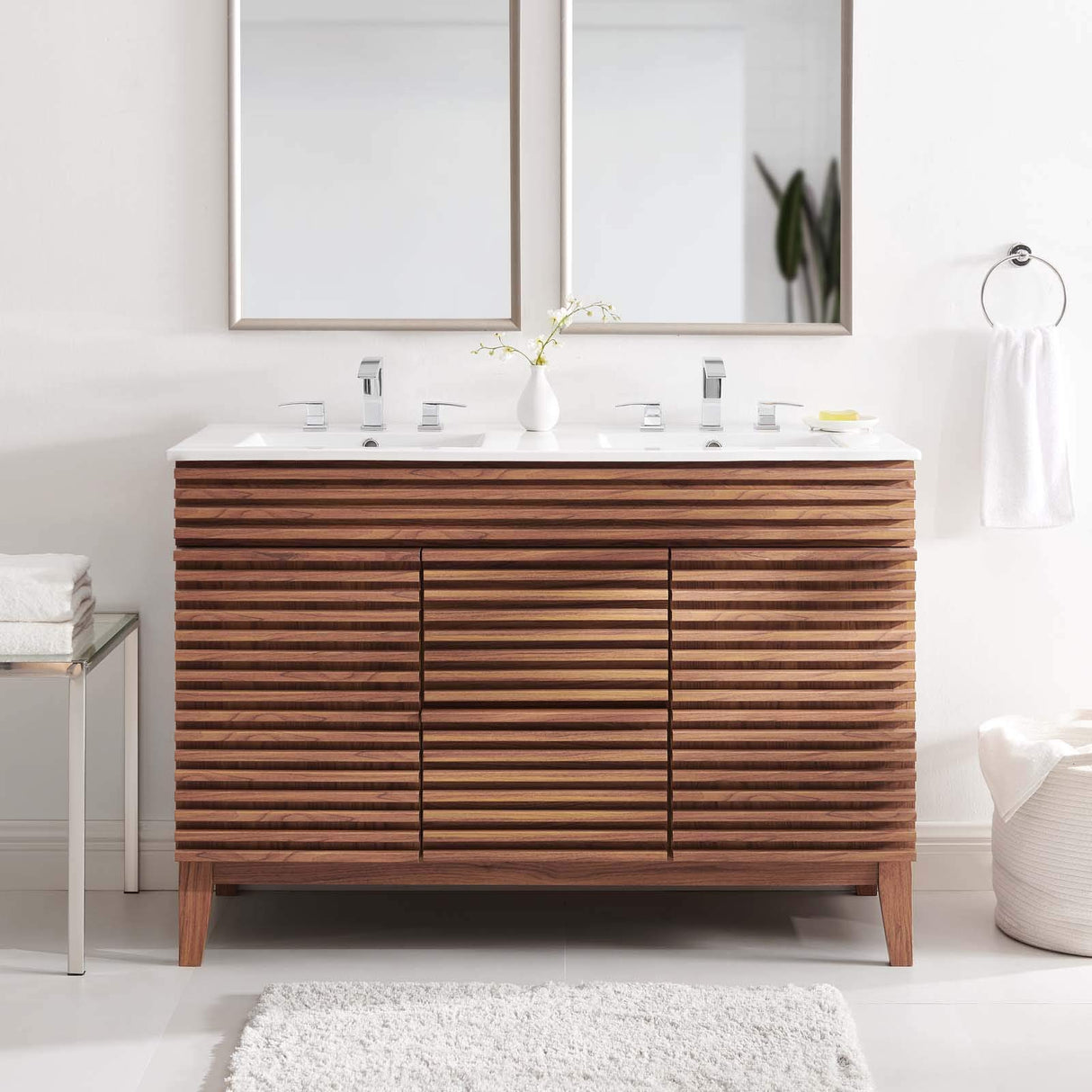 Modway Render 48" Double Sink Bathroom Vanity Cabinet in Walnut White Modway