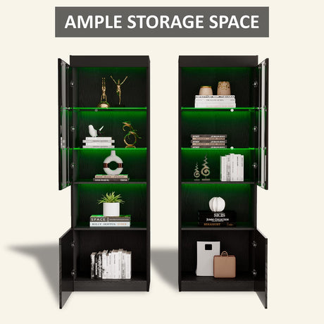 AMERLIFE Modern 71in Tall LED Bookcase Storage Cabinet with Glass Doors - Set of 2 AMERLIFE