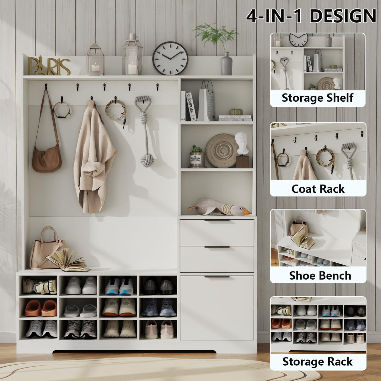 5-in-1 Hall Tree with Storage and Shoe Rack for Entryway,Entryway Bench with Coat Rack and Shoe Cabinet,9 Coat Hooks & 12 Shoe Cubbies,Farmhouse Shoe Storage Cabinet with Drawer for Hallway (White) Gyfimoie