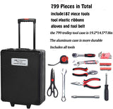 Arcwares 799pcs Aluminum Trolley Case Tool Set Silver, House Repair Kit Set, Household Hand Tool Set, with Tool Belt,Gift on Father's Day (Black) Arcwares