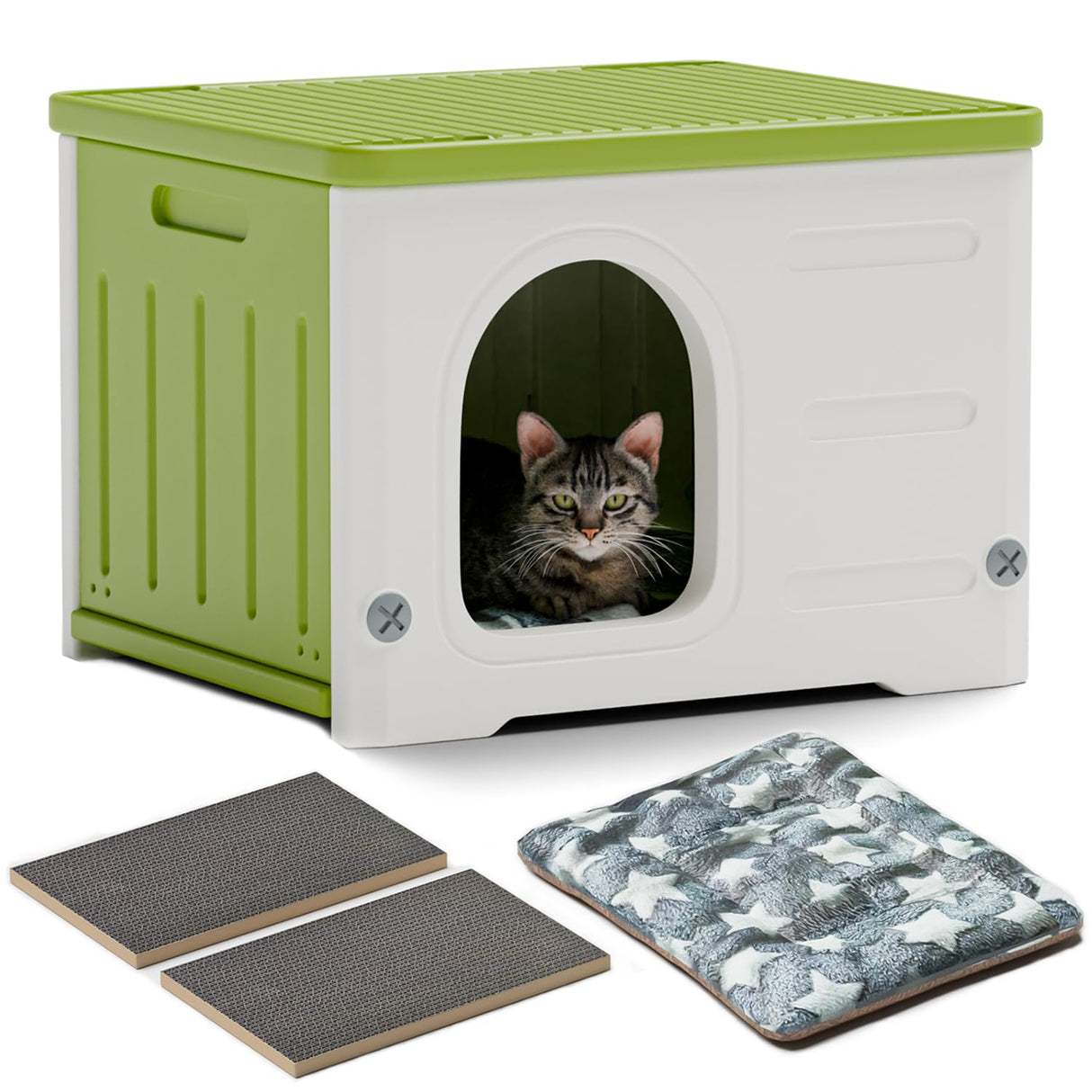 Plastic Cat House for Outdoor Indoor Use, Stackable Feral Cat Shelter Indoor Cat House Insulated Weatherproof Waterproof Elevated with Cat Scratching Board & Cushion (Green) TSEHOOHOO