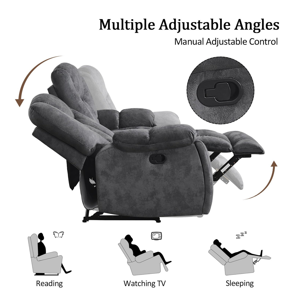 CANMOV Manual Recliner Loveseat, 2 Seat Recliner Sofa Chair with Overstuffed Armrest and Backrest, Soft Fabric Reclining Loveseat Living Room Set with Hidden Cup Holders for Adults Elderly,Grey CANMOV