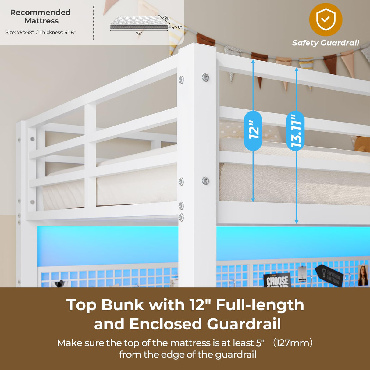 DICTAC Loft Bed Twin Size with Desk and Seat Convertible Twin Over Twin Bunk Bed with Led Lights & Charging Station Metal Bunk Bed with Safety Guard&Stair for Teens,Adults,White(Cushion not Included) DICTAC