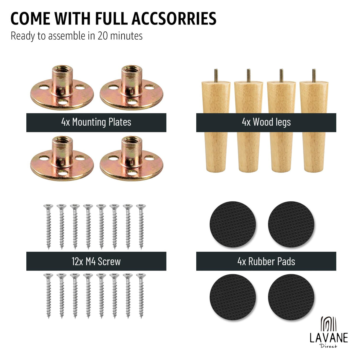 4 inch / 10cm Wooden Furniture Legs, La Vane Set of 4 Solid Wood Tapered M8 Replacement Furniture Feet with Pre-Drilled 5/16 Inch Bolt & Mounting Plate & Screws for Couch Sofa Cabinet Ottoman La Vane