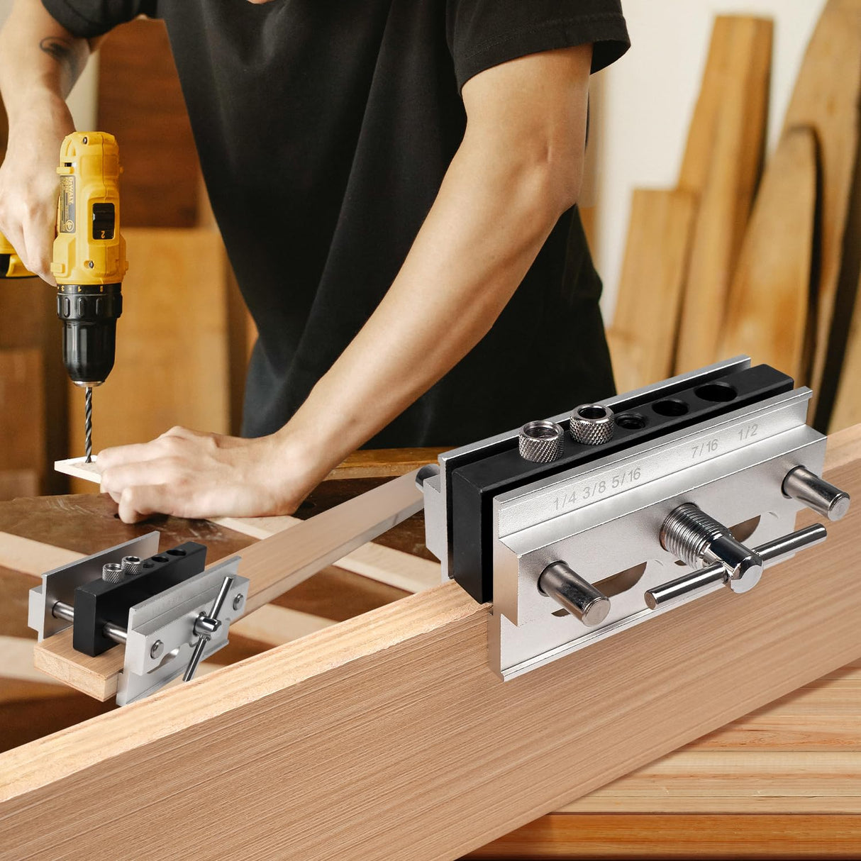 Donext Self Centering Doweling Jig, Adjustable Width Dowel Jig for Straight Holes, Biscuit Joiner Set With 6 Drill Guide Bushings, Woodworking Drilling Guide Power Tool Accessory Jigs Donext