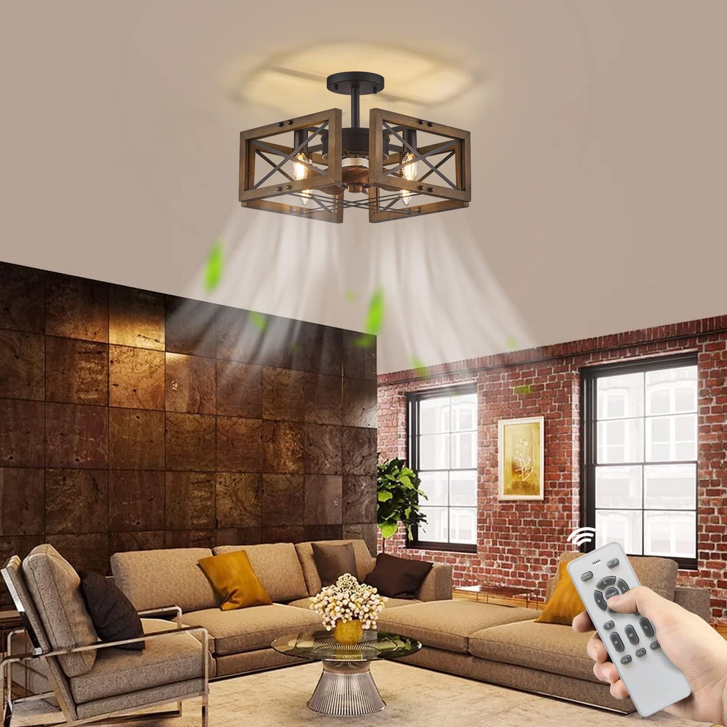 DUJAHMLAND Farmhouse Flush Mount Ceiling Fan with Light, Remote Control , 20 Inch Industry Wood Low Profile for Bedroom Living Room Kitchen (Antique Wood 4-Light)