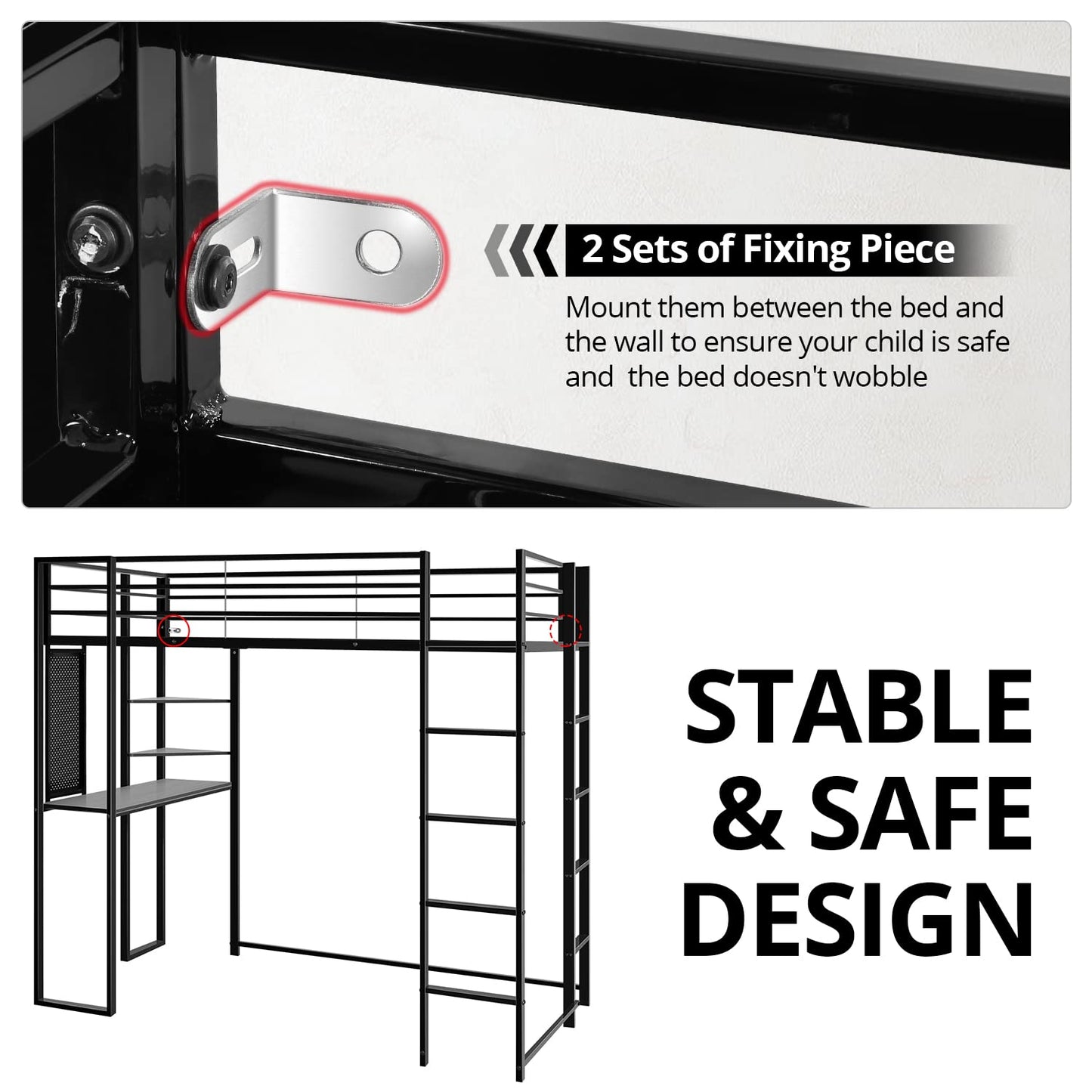 ADOVA Twin Loft Bed with Desk and Shelves for Teens Adult,Loft Bed Frame with 2 Built-in Ladders,12.2" H Safety Guardrail,Noise Free,No Box Spring Needed,72.01'' H x 57.09'' W x 79.53'' L