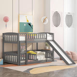Harper & Bright Designs Low Bunk Beds Twin Over Twin, Kids Bunk Bed with Slide, Fence and Ladder, Wood Twin Bunk Beds for Girls Boys, Grey Harper & Bright Designs