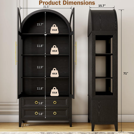 LVSOMT 71" Tall Arched Storage Cabinet with Glass Doors and Drawers, Curio Display Cabinet with Adjustable LED Light & Human Sensor, 4-Tier China Cabinet for Living Room(Black) LVSOMT