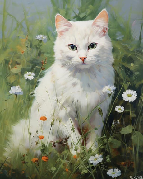 FUKVHIL Paint by Number Kits White Cat Among Flowers Canvas DIY Oil Painting for Adults Beginner with Brushes and Acrylic Pigment 16x 20inch (Without Frame) FUKVHIL