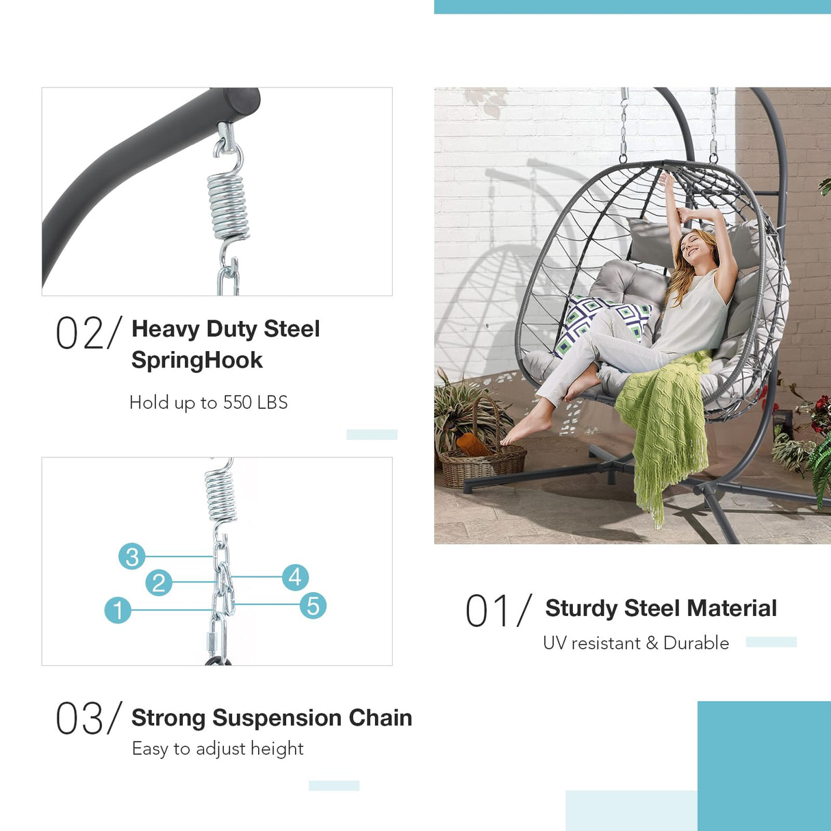 Patiorama 2 Person Double Egg Swing Chair with Stand Indoor Outdoor, Patio Wicker Rattan Hanging Egg Chair w/Cushion, Pillow, Foldable Hammock Chair 550lbs for Bedroom, Balcony, Garden (Light Grey) Patiorama