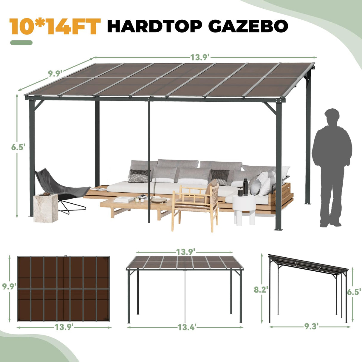 Yalissey 10'×14' Patio Gazebo with Waterproof Fuzzy Strip, Innovative Base Support Pergola, Wall Mounted Gazebo for Backyard, Decks, Garden Yalissey