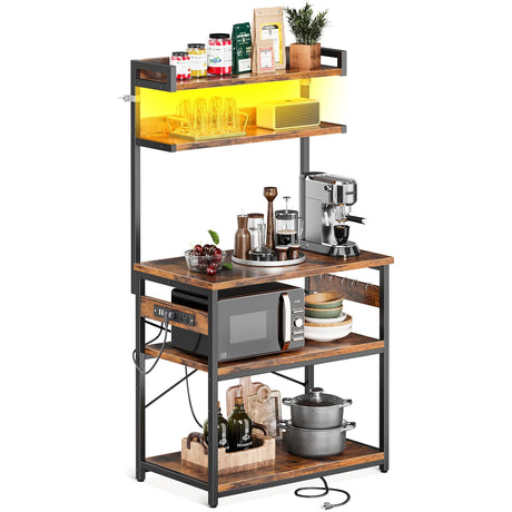 Casaottima Bakers Rack with Power Outlet & LED Lights, Coffee Bar with Storage 5-Tiers, Microwave Stand Kitchen Shelf 16.5 * 31.5 * 59 inches, Kitchen Coffee Rack, Rustic Brown Casaottima