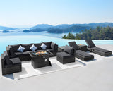 NICESOUL 11 Piece Outdoor Furniture Set with Fire Pit Table Natural Gas/Propane, 29.3'' High Back Comfy Patio Sectionals w/Chaise Lounger, Modern Large Deep Rattan Sofa Set for Garden Backyard, Gray NICESOUL