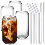 NETANY Drinking Glasses with Glass Straw 4pcs Set - 16oz Highball Glass Cups, Beer Glasses, Iced Coffee Glasses, Cute Tumbler Cup, Ideal for Whiskey, Soda, Tea, Water, Gift, 2 Brushes NETANY