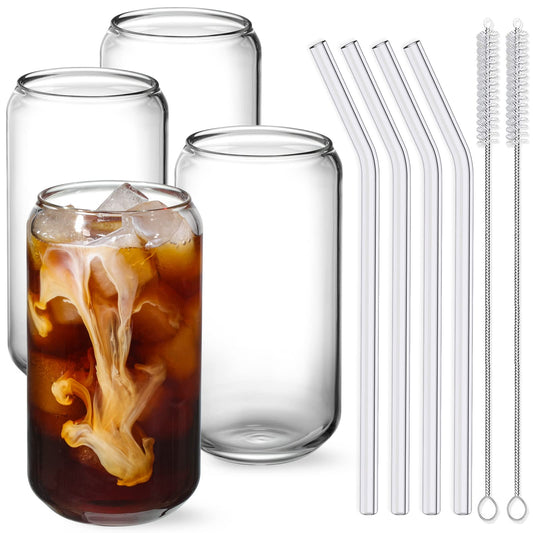 NETANY Drinking Glasses with Glass Straw 4pcs Set - 16oz Highball Glass Cups, Beer Glasses, Iced Coffee Glasses, Cute Tumbler Cup, Ideal for Whiskey, Soda, Tea, Water, Gift, 2 Brushes