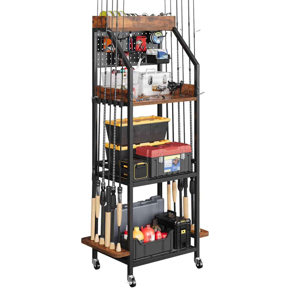 KITIVIALA Fishing Rod Holder for Garage with Hooks & Pegboard, 3-Tier Fishing Pole Rack Holds 12 Rods, Rolling Fishing Rod Storage Organizer with Wooden Tool Box, Fishing Tackle Shelf for Anglers KITIVIALA