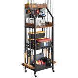 KITIVIALA Fishing Rod Holder for Garage with Hooks & Pegboard, 3-Tier Fishing Pole Rack Holds 12 Rods, Rolling Fishing Rod Storage Organizer with Wooden Tool Box, Fishing Tackle Shelf for Anglers KITIVIALA
