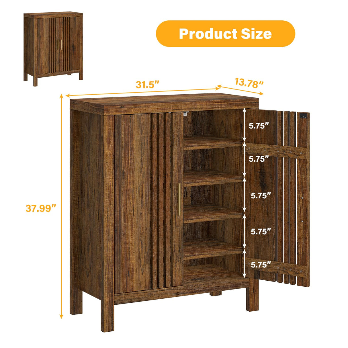 UNIQUITE Wooden Shoes Cabinet with Adjustable Shelves, Retro Freestanding Shoe Organizer Cabinet for Entryway Hallway Living Room, 5-Tier Shoe Cabinet with Doors for 20 Pairs, Dark Walnut UNIQUITE