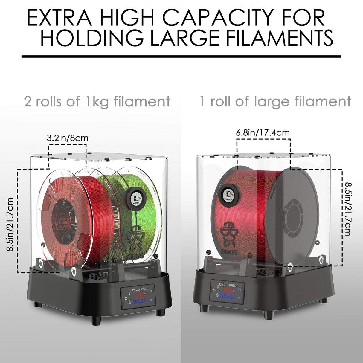 【EIBOS Official】3D Printer Filament Dryer Cyclopes with Fan, Filament Dry Box 2 Rolls with Adjustable Temp Max 70℃, Humidity Sensor, Infinite Timer, Compatible with 1.75mm 2.85mm 3.00mm PLA Nylon TPU EIBOS