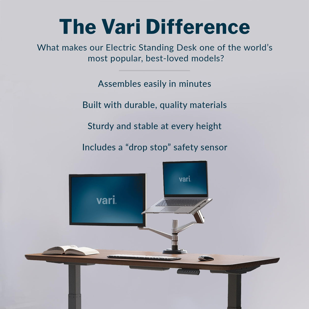Vari Electric Standing Desk - 60x30 VariDesk, Adjustable Height Stand Up Computer Desk - Dual Motor with Memory Presets, Stable T-Style Legs- Home Office Essentials - Walnut Vari