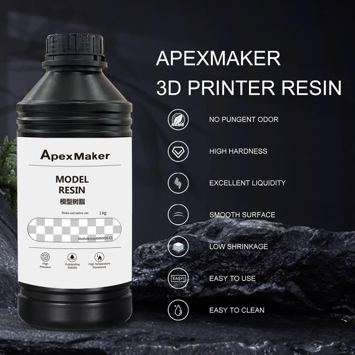 ApexMaker 3D Printer Resin Clear, 1000g, High Precision, Low Odor, Quick Curing Standard Resin, 385-405nm UV Curing 3D Printing Liquid Photopolymer Resin for LCD DLP SLA 3D Printers Translucent ApexMaker