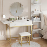 KAI-ROAD Small Makeup Vanity Desk no Mirror - Modern White Vanity Table with Wood Drawers, Padded Stool, Charging Station & Foldable Countertop, Small Computer Desk Home Office Desk for Bedroom KAI-ROAD