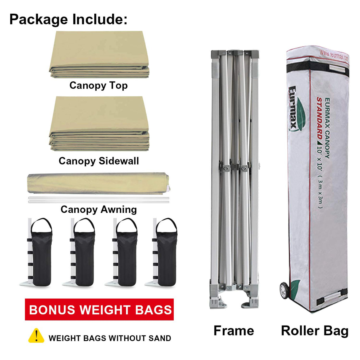 Eurmax USA 10 x 10 Pop up Canopy Commercial Tent Outdoor Party Canopies with 4 Removable Zippered Sidewalls and Roller Bag Bonus 4 Canopy Sand Bags & 24 Squre Ft Extended Awning (Beige) Eurmax