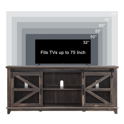 OKD Farmhouse TV Stand for 75 Inch TV, Industrial & Farmhouse Media Entertainment Center w/Sliding Barn Door, Rustic TV Console Cabinet w/Adjustable Shelves for Living Room, Dark Rustic Oak - WoodArtSupply