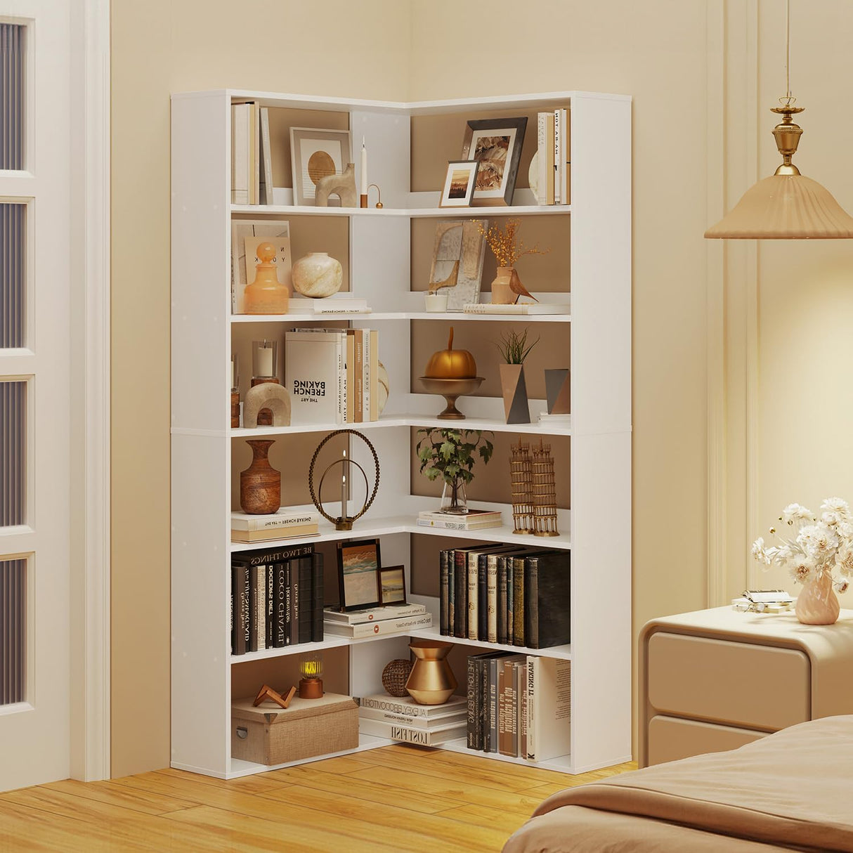 oneinmil Bookcase 6 Tiers with Baffles, 35.2" Large Corner Bookshelf, Storage Display Rack for Living Room Home Office, White oneinmil