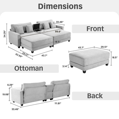 ROWHY Oversized Loveseat with 2 Ottomans, 112" Corduroy Couch with USB Charger and Storage Compartment, Modern Sofa Set with Cup Holders for Living Room and Office, Gray