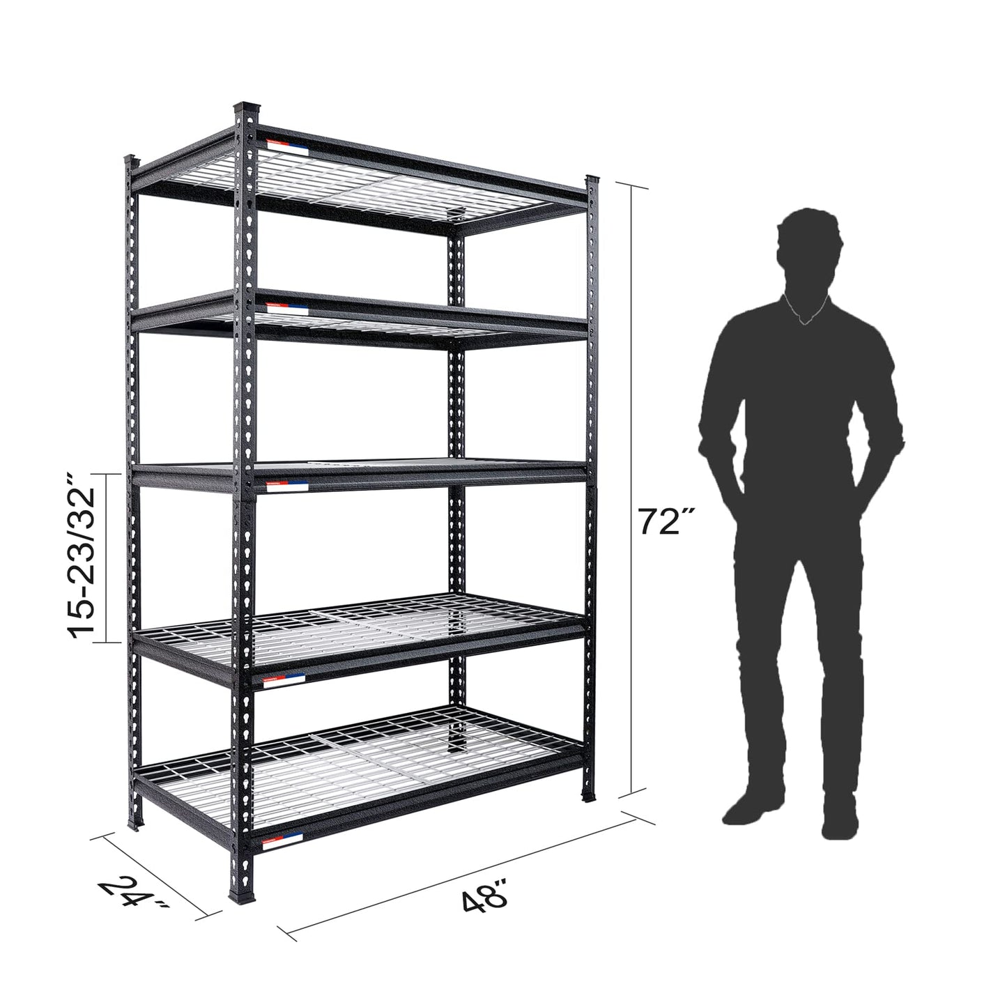 WORKPRO 5-Tier Metal Storage Shelving Unit, 48”W x 24”D x 72”H, Adjustable Storage Rack Heavy Duty Shelf, 4000 lbs Load Capacity (Total), for Garage, Kitchen, Bathroom, Warehouse, Black/Slive - WoodArtSupply