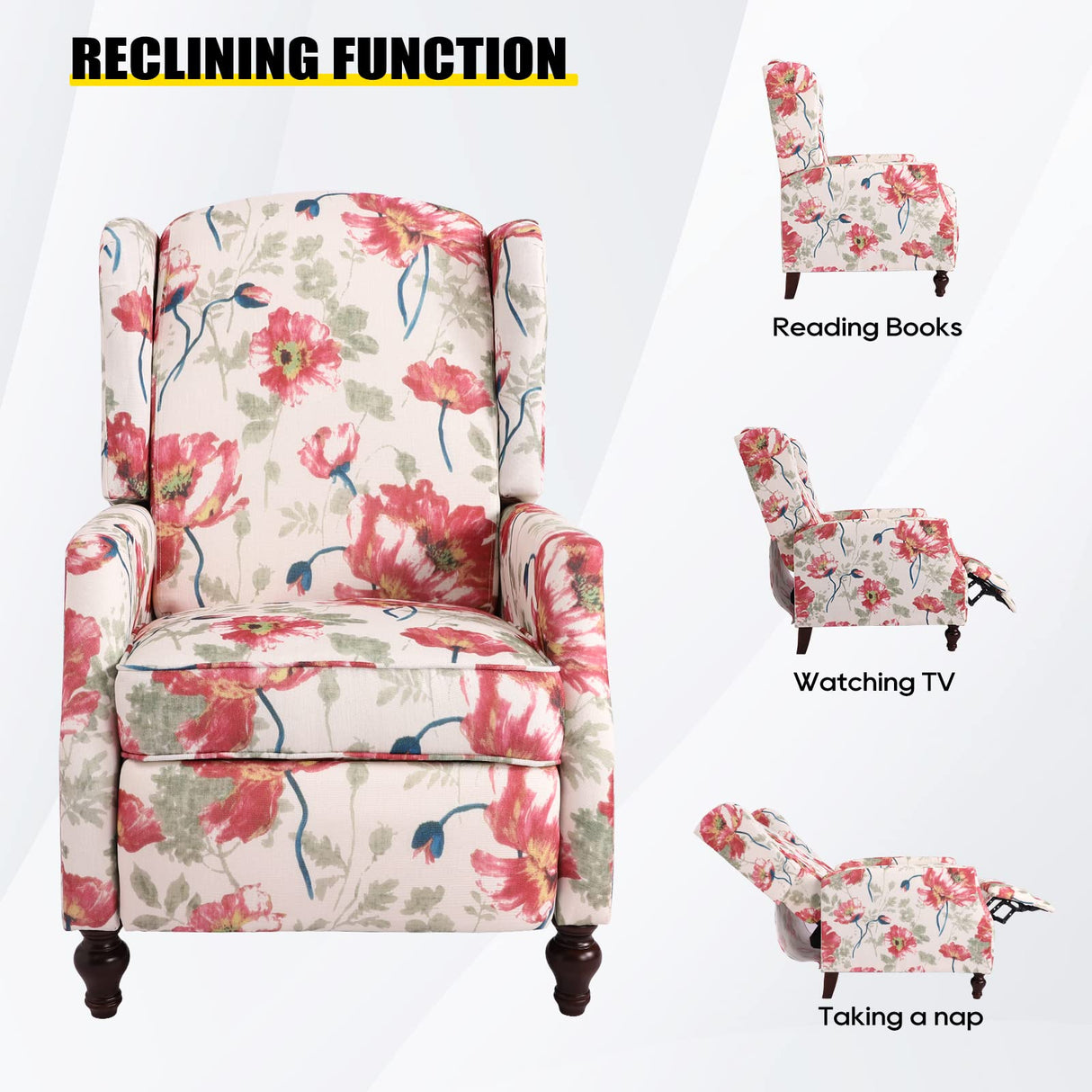 Consofa Upholstered Wingback Recliner Chair, Traditional Push Back Recliner Chair with Padded Seat, Fabric Floral Chair Wingback Recliner with Wooden Legs, Small Recliners for Small Spaces Consofa