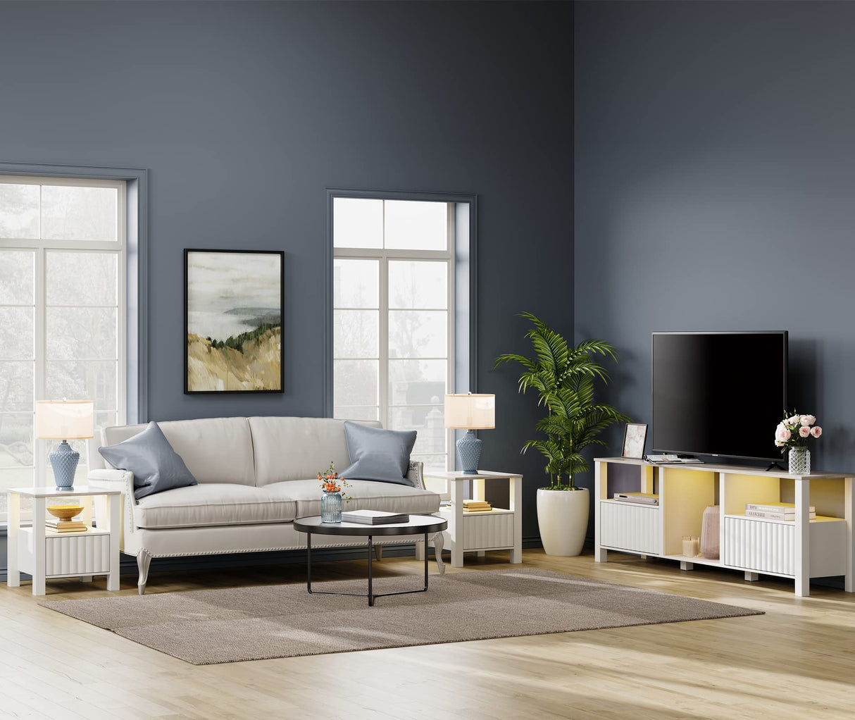 WAMPAT Large TV Stand for 95 Inch TV, White Entertainment Center for 80-100 Inch TV with LED Light & Cubby, White Television Stands with Faux Marble Tabletop for Living Room Bedroom Office WAMPAT