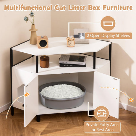 Tangkula Corner Litter Box Enclosure, Double Enclosed Litter Box Furniture with Open Shelf, 2 Entrances, Hidden Cat Washroom, Large Cat Box Cabinet for Indoor Cats (White) Tangkula