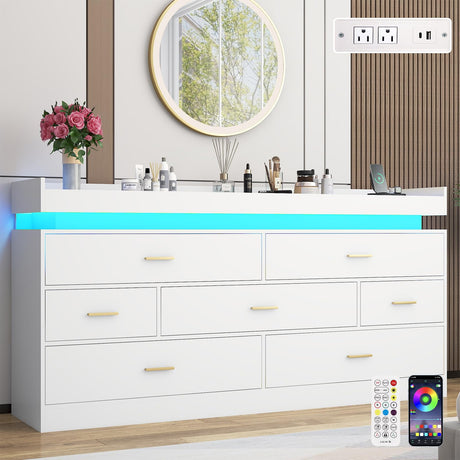 7 Drawer Dresser with LED Light and Charging Station, 63" Modern Chest of Drawers for Closet, Wide Drawer Organizer Cabinet for Bedroom, Living Room, Entryway, Hallway, White Hlivelood