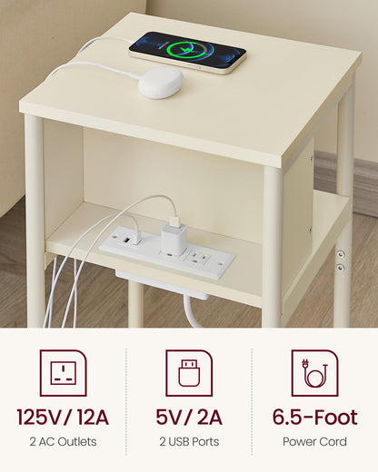 VASAGLE Side Table with Charging Station, 3-Tier End Table with USB Ports and Outlets, Nightstand for Living Room, Bedroom, 11.8 x 13.4 x 22.8 Inches, Plug-in Series, Cream White - WoodArtSupply