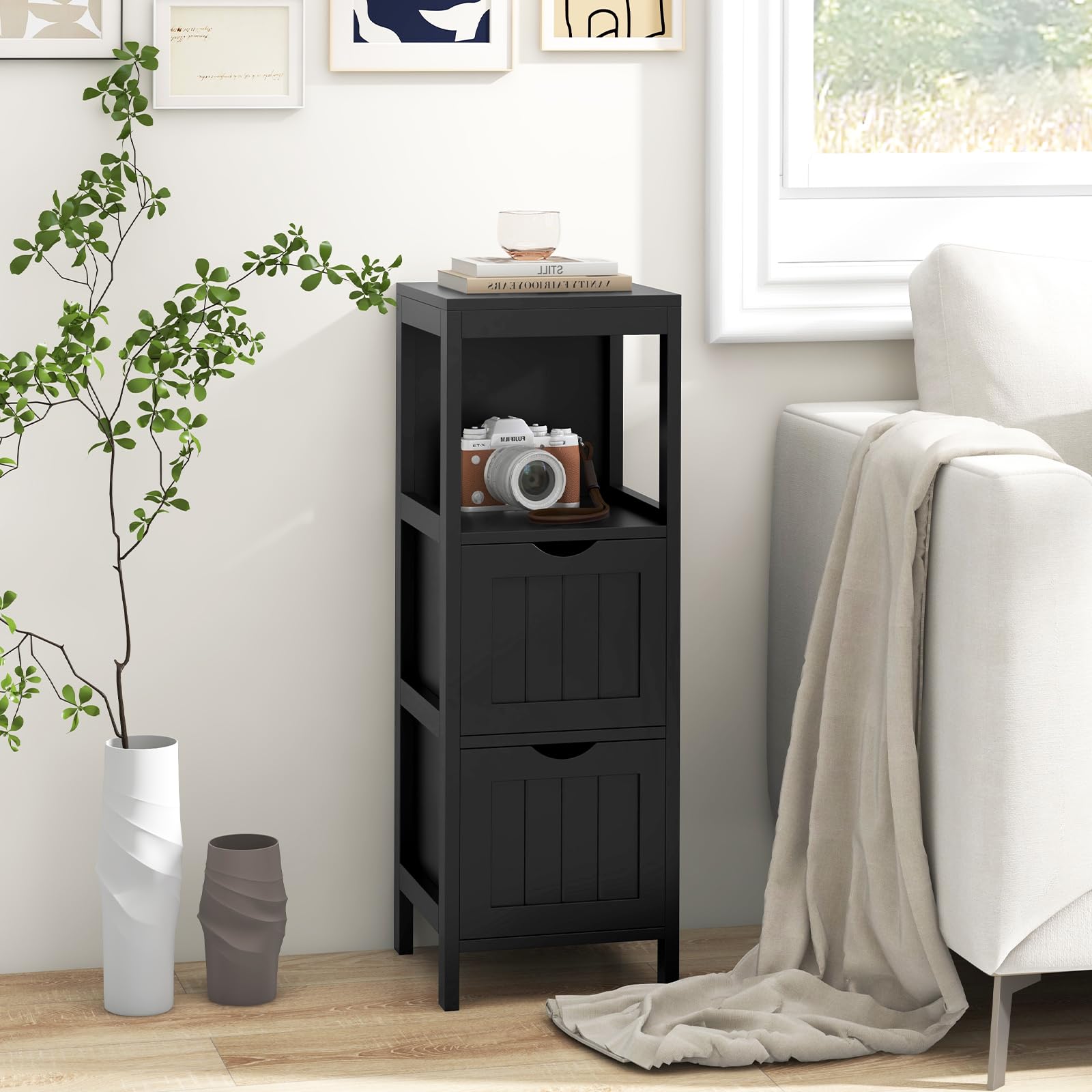 Tangkula Black Small Bathroom Storage Cabinet with 2 Removable Drawers - WoodArtSupply