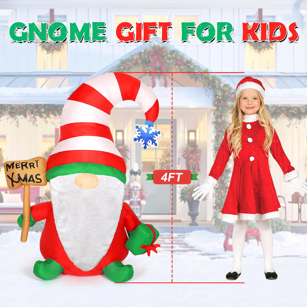 PAETAE Christmas Inflatables Gnome, 4FT Blow Up Christmas Gnome Outdoor Decorations, Inflatable Yard Decoration, Christmas Holiday Gnome Decor for Party, Home, Garden PAETAE