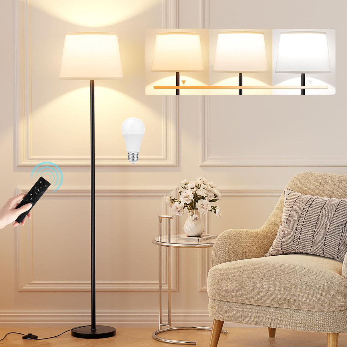 Raexpectis Modern Floor Lamp with Adjustable Brightness, Remote Control, Black, LED Bulbs, White Shade, Foot Switch, Easy Assembly Raexpectis