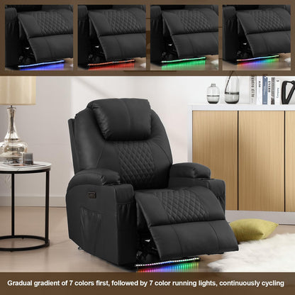 AHMED Power Recliner Chair, Home Theater Seating with LED Ambient Lighting, PU Leather Lazy Sofa Heat Massage Chair with Cup Holders/Side Pockets/USB Ports for Living Room (Black, Single)