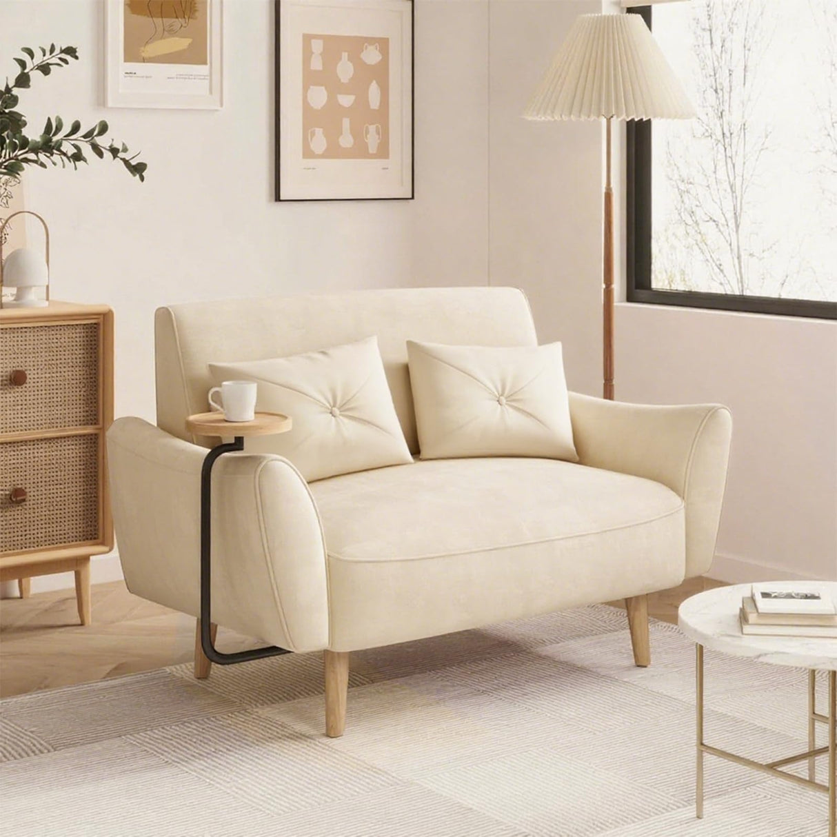 Brelice Loveseat Sofa, 47" Velvet Couch for Bedroom, Convertible Wooden Tray & Ergonomic Armrest, for Small Space, Apartment, Living Room, Home Office, Easy Assembly, Beige Brelice