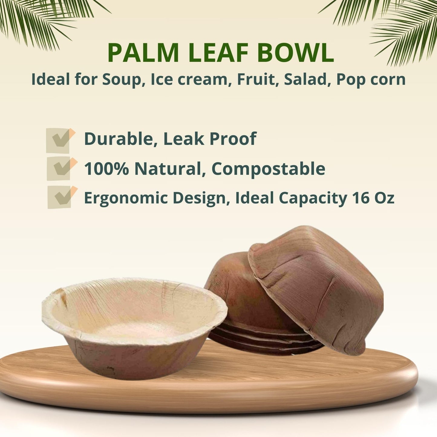 Dtocs 5.5 Inch Round Palm Leaf Bowls Set (50) | 16 Oz Bamboo Bowls Disposable Like Sturdy, Leak Proof Compostable Bowls | Serving Bowls for Fruits, Cereals, Soup | Alternate to Plastic, Wooden Bowls